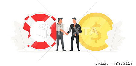 Businessmen make a contract before large lifebuoy and coin. People talk about saving businesses and insurance company Businessmen make a contract before large lifebuoy and coin. People talk about saving businesses and insurance company 73855115