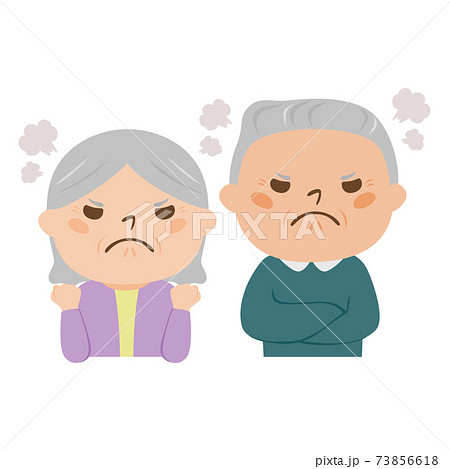 老夫婦のイラスト 喧嘩または問題があって怒っているシニアの男性と女性 のイラスト素材