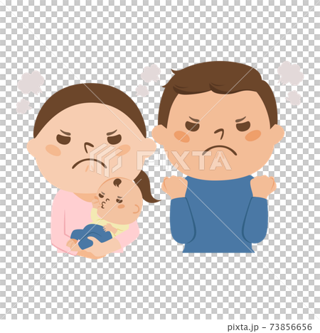 若い夫婦のイラスト。何か問題または喧嘩して怒っている女性と男性。 73856656