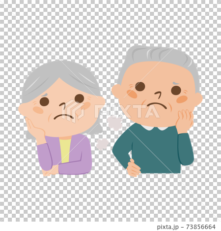老夫婦のイラスト。何かに悩んで溜息をついてるシニアの女性と男性。 73856664