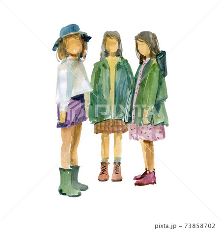 Three teenage girls in raincoats stand next to each other 73858702