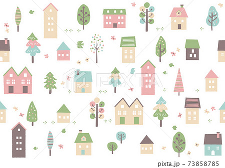 北欧風 手書き春の街と木のパターン 北欧風 手書き春の街と木のパターン 73858785