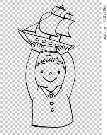 帆船のおもちゃを持った男の子のイラスト線画のイラスト素材