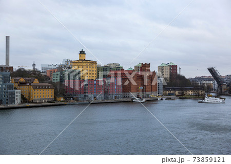 View of the city of Stockholm from the deck of a ship. 73859121