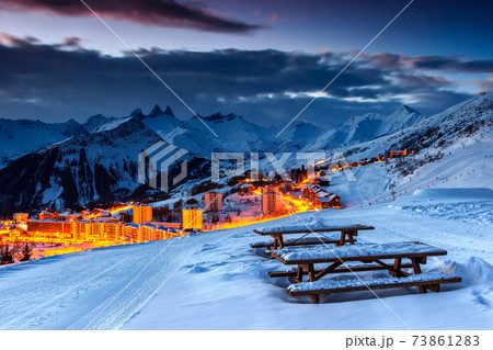 Stunning sunset and ski resort in the French Alps,Europe Stunning sunset and ski resort in the French Alps,Europe 73861283