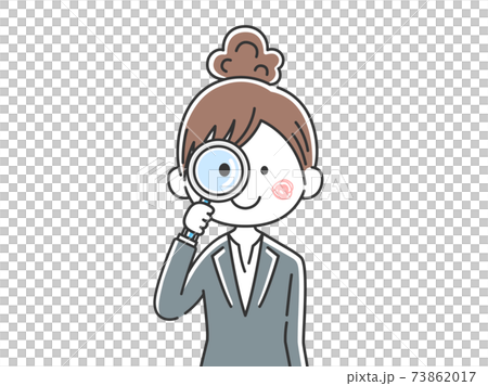 虫眼鏡を使う日本人ビジネスウーマンのイラストのイラスト素材