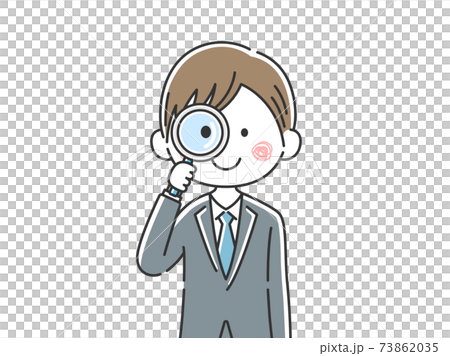 Illustration of a Japanese businessman using a magnifying glass 73862035