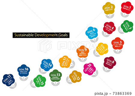 Sdgsの17の目標cmyk指定色花型ライン 日本語 のイラスト素材
