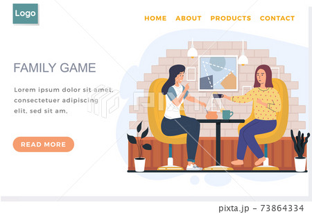 Landing page template with women drinking tea. Family game concept. Girls on self-isolation Landing page template with women drinking tea. Family game concept. Girls on self-isolation 73864334