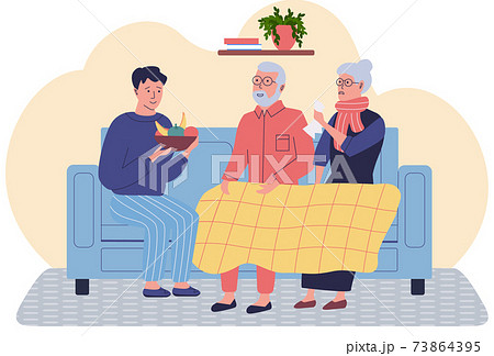 Guy offers napkins to people with runny nose. Man helping elderly sick couple in quarantine Guy offers napkins to people with runny nose. Man helping elderly sick couple in quarantine 73864395