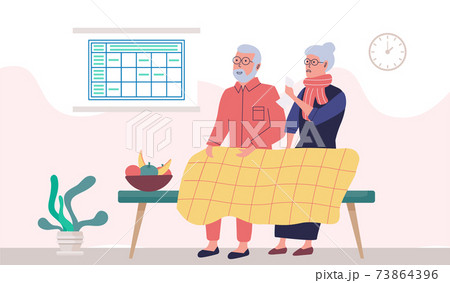 Protect human health. Elderly couple resting and treated at home, sitting with plaid on bench Protect human health. Elderly couple resting and treated at home, sitting with plaid on bench 73864396