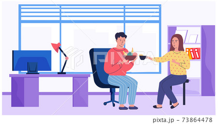 Man communicates with woman and holds plate of fruit. People spend time at work vector illustration Man communicates with woman and holds plate of fruit. People spend time at work vector illustration 73864478