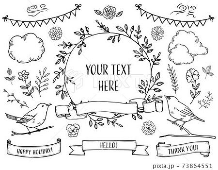 手描きビンテージ風小鳥や植物のフレームセットのイラスト素材