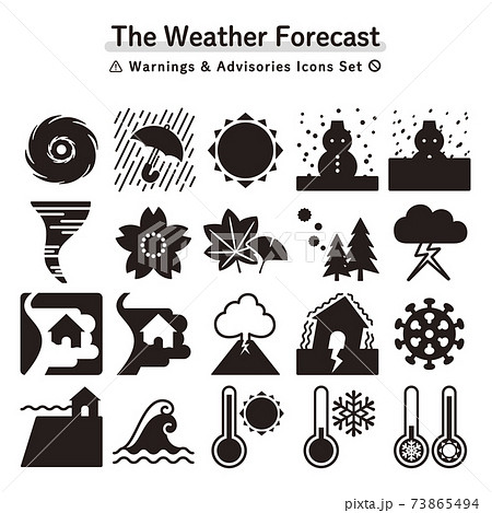 天気予報 警報 注意報 前線 災害情報のアイコンセット 黒ベタのイラスト素材