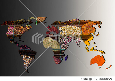 Roughly outlined world map with veraity of spice filling Roughly outlined world map with veraity of spice filling 73866059