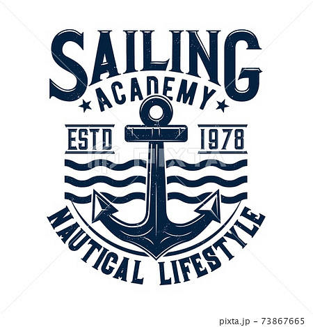 Tshirt print with anchor and sea waves, label 73867665