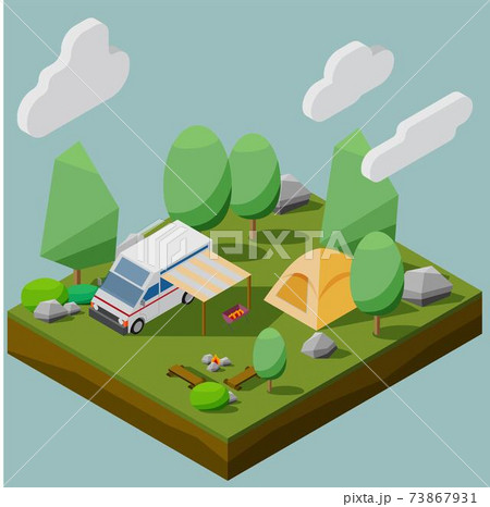 Isometric low polygon style of a camping site with a camper van in a forest. Vector illustration EPS10. 73867931