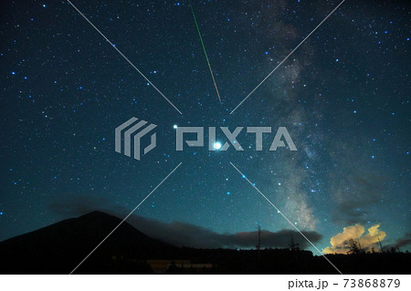 銀河昇る継子岳と木星，土星、流星 73868879
