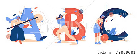 Concept sport illustration collection with women training baseball, aikido and croquet isolated on white. Capital ABC letters good for print and school decoration Concept sport illustration collection with women training baseball, aikido and croquet isolated on white. Capital ABC letters good for print and school decoration 73869681