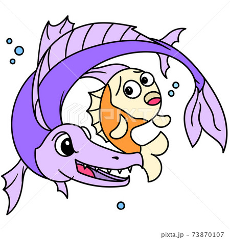 the evil fish tries to kill the sad and scared... - Stock Illustration  [73870107] - PIXTA