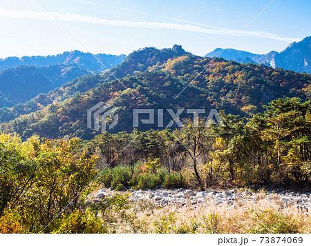 riverunder overgrown mountain slope in Seoraksan riverunder overgrown mountain slope in Seoraksan 73874069