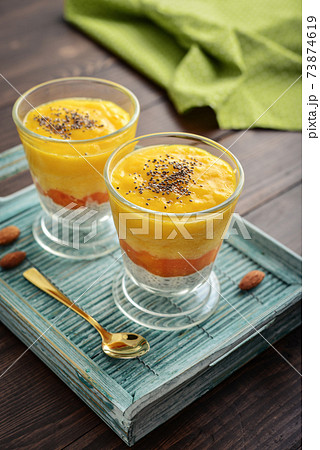 Homemade chia seed pudding with mango Homemade chia seed pudding with mango 73874619