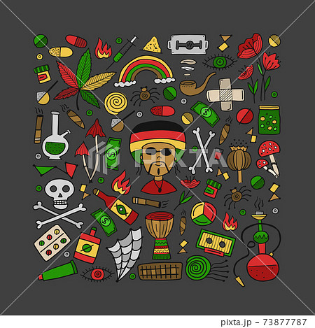 Drugs addiction. Say no to drugs. Rasta collection with skull, marijuana, drum, pills, music symbols 73877787