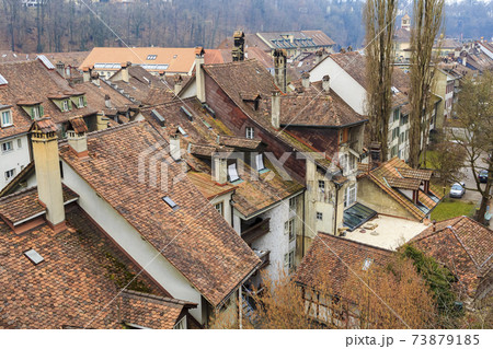 Red roofs made of natural tiles top view 73879185