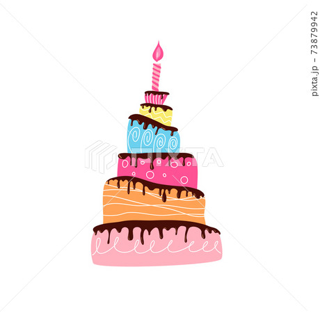 Vector Happy holiday cream cake with candle. Holiday cooking cute illustration in cartoon style for decorating, anniversaries, weddings, birthdays, children party. Sweet pastries, muffin, cupcake 73879942