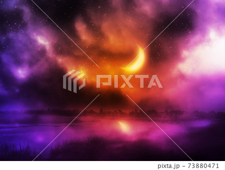 Crescent moon above river 73880471