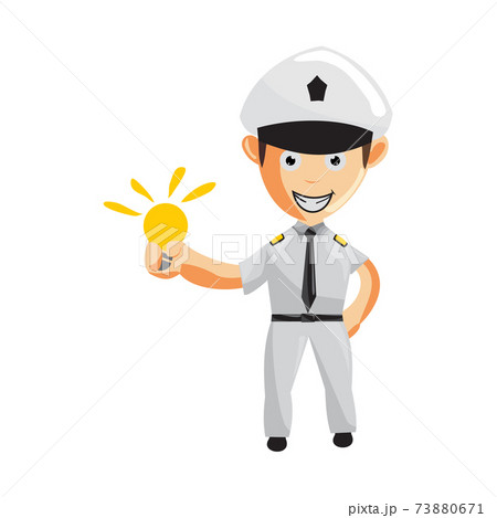 Airplane Pilot Holding Bulb Cartoon Character Aircraft Captain in Uniform 73880671