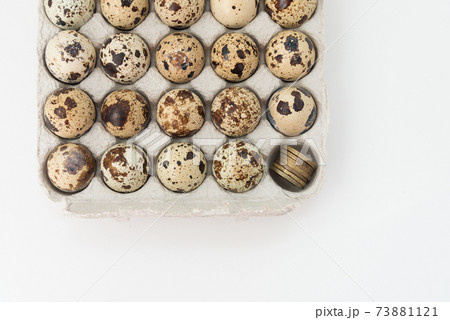 Quail eggs in the egg tray. In one Department, instead of an egg, there are coins. Concept of earnings and expenses in agriculture. 73881121