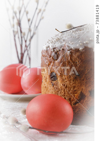 easter cake with willow twigs pink eggs on a light easter cake with willow twigs pink eggs on a light 73881419