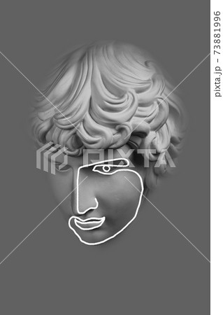 Collage with plaster antique sculpture of human face in a pop art style. Modern creative concept image with ancient statue head. Zine culture. Contemporary art poster. Funky minimalism. Retro design. 73881996