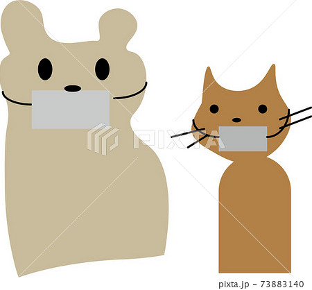 コロナの注意喚起にクマとネコがマスクをしているかわいいキャラクターイラストのイラスト素材
