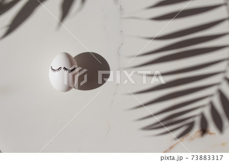 Minimal easter concept white egg and tropical branches with leaves. Stylish Easter white egg on a marble background. The flat lay fashionable easter. Happy easter card with copy space for text Minimal easter concept white egg and tropical branches with leaves. Stylish Easter white egg on a marble background. The flat lay fashionable easter. Happy easter card with copy space for text 73883317