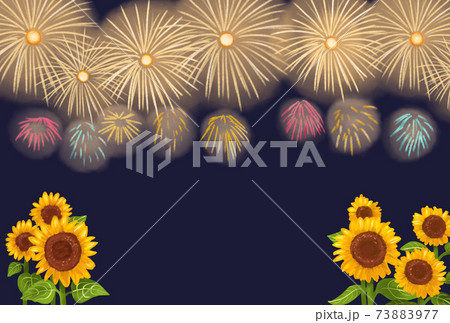 ひまわり畑と花火大会 暑中お見舞い はがき 横のイラスト素材