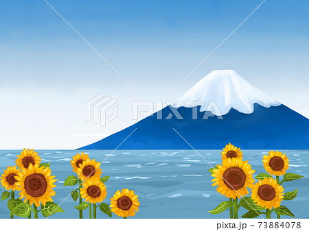 ひまわり畑から見える富士山と海 夏のイラスト素材