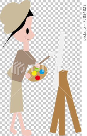 パレットに絵の具をたくさん載せてキャンバスに描いている女性画家 73884828