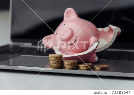 Broken piggy bank and stack of coins on a keyboard 73885044