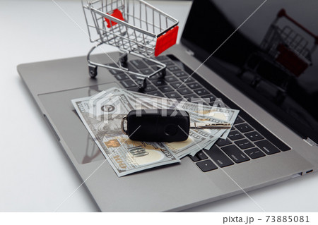 Car keys with dollar banknotes and shopping cart on a laptop. Online purchase car concept 73885081