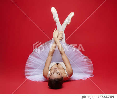 attractive ballerina poses gracefully in the studio on a red background 73886709