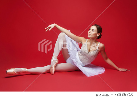 attractive ballerina poses in the studio on a red background attractive ballerina poses in the studio on a red background 73886710