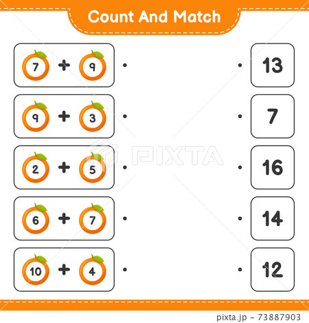 Count and match, count the number of Orange and match with right numbers. Educational children game, printable worksheet, vector illustration Count and match, count the number of Orange and match with right numbers. Educational children game, printable worksheet, vector illustration 73887903