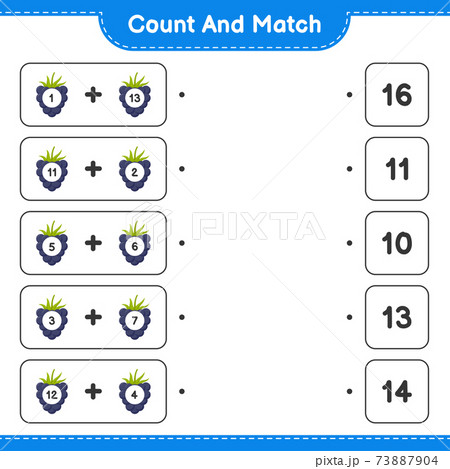 Count and match, count the number of Blackberries and match with right numbers. Educational children game, printable worksheet, vector illustration 73887904