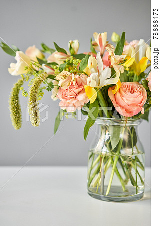 Bouquet 005, step by step installation of flowers in a vase. Flowers bunch, set for home. Fresh cut flowers for decoration home. European floral shop. Delivery fresh cut flower. 73888475