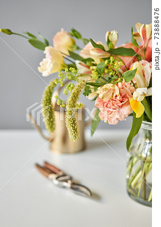 Bouquet 005, step by step installation of flowers in a vase. Flowers bunch, set for home. Fresh cut flowers for decoration home. European floral shop. Delivery fresh cut flower. 73888476