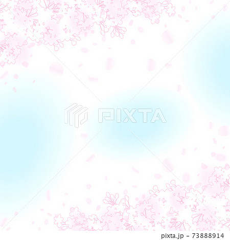 ぼんやりとした春の青い空　桜の枝のシルエットと花びらのフレーム 73888914