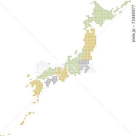 角丸四角のドットでできた八地方区分にわかれた日本地図　3C 73889977