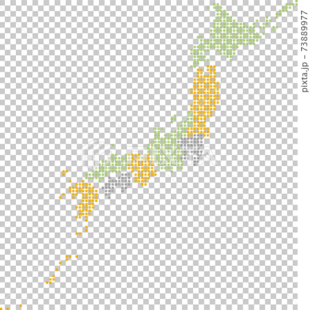 角丸四角のドットでできた八地方区分にわかれた日本地図　3C 73889977